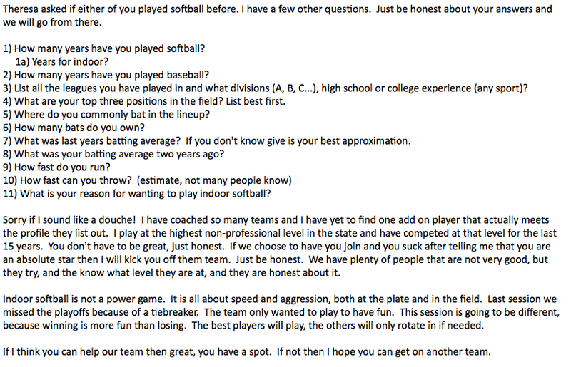 Illustration for article titled Delusional Rec-League Softball Coach Has 11 Insane Questions For You
